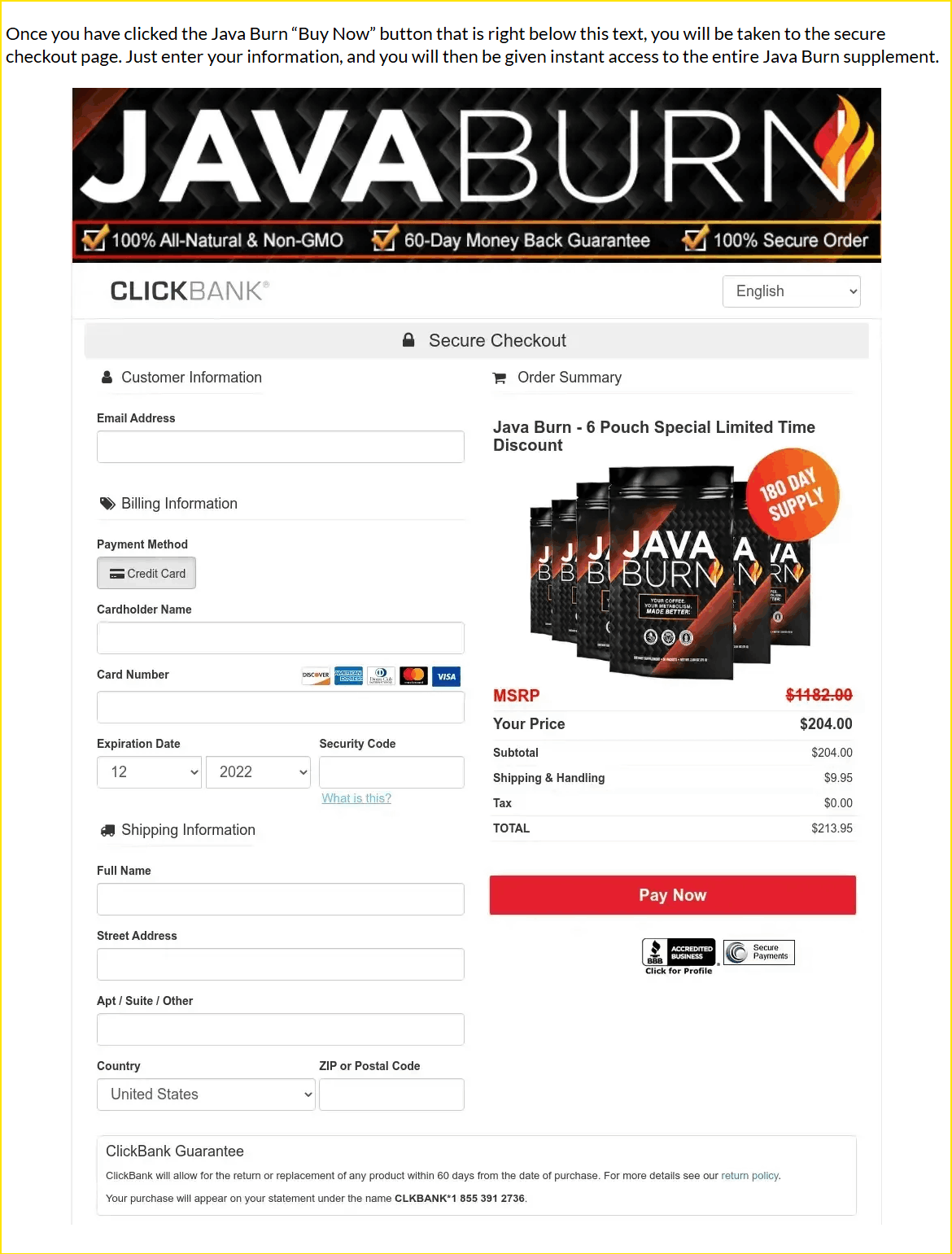 Java Burn Checkout page